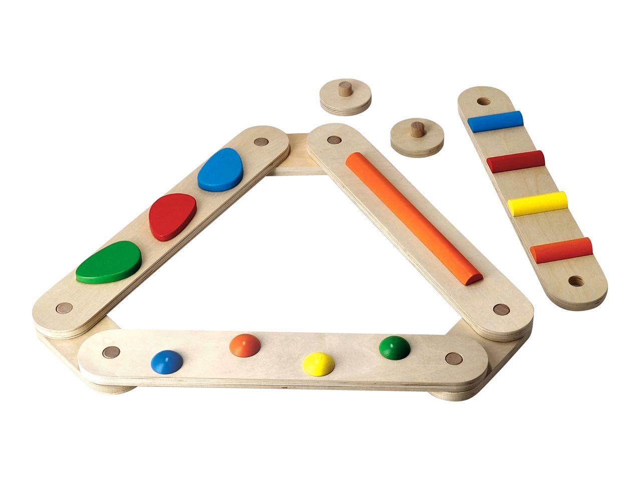 Wooden Montessori toy with colorful shapes and pegs, forming a triangle and a separate bar.