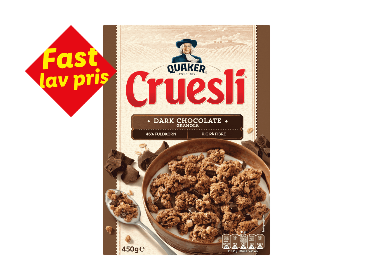 En pakke mørk chokolade granola med teksten 'Fast lav pris' på en rød diamantformet etiket.