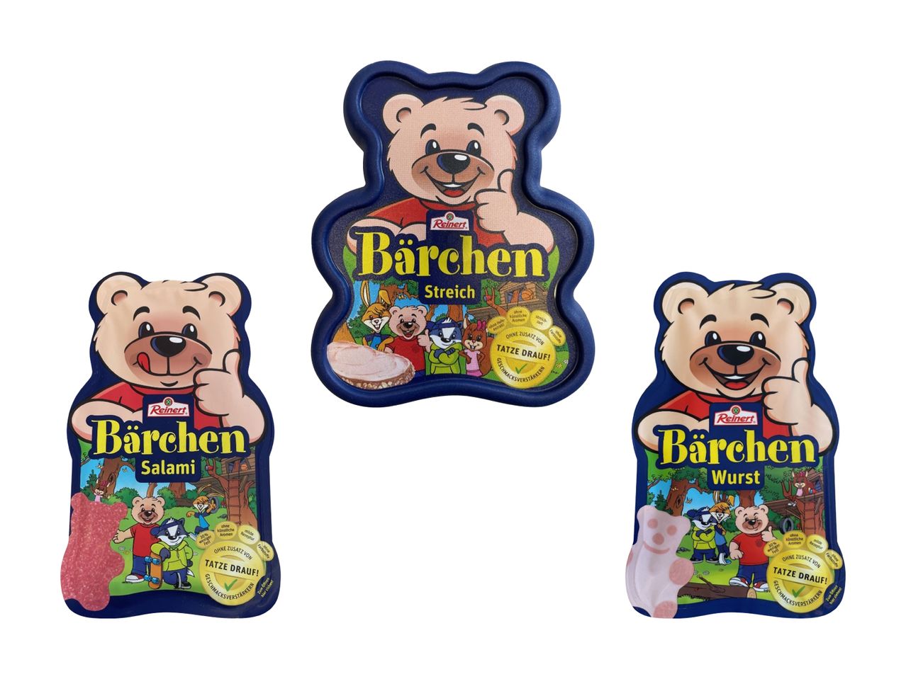 Drei Reinert Bärchen-Produkte: Streichwurst, Salami und Wurst in niedlichen Bärenverpackungen.