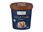 Cream & Tiramisu flavour ice cream tub with coffee beans and a Rainforest Alliance logo.