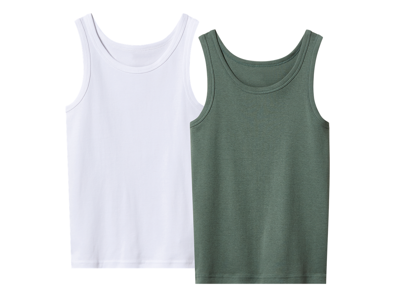 Dva muška potkošulja, jedna bijela i jedna maslinasto zelena, na crnoj pozadini.