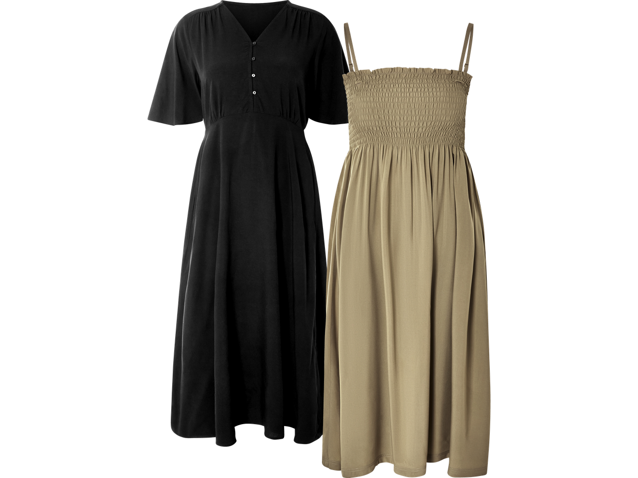 Två klänningar: en svart knapp-ner-klänning och en beige spetsklänning.