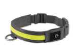 Graues Hundehalsband mit neongelbem Streifen, silbernem D-Ring und schwarzem Etikett mit weißem Logo