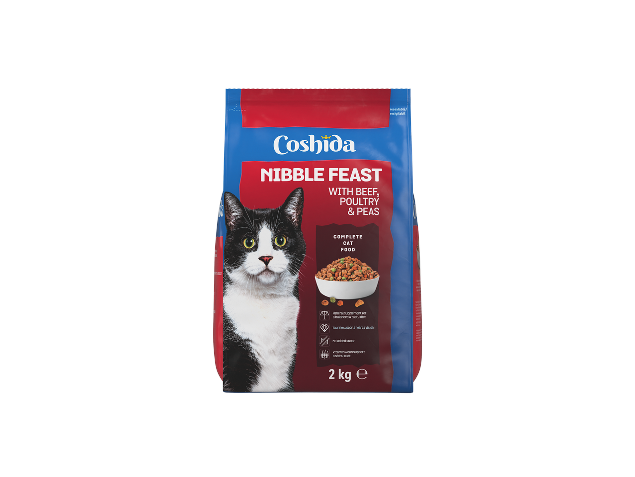 'Coshida Nibble Feast' kačių maistas, 2 kg pakuotė, su jautiena, paukštiena ir žirneliais.
