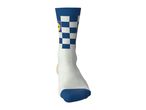White, blue, and yellow checkered sock with a logo on the side.