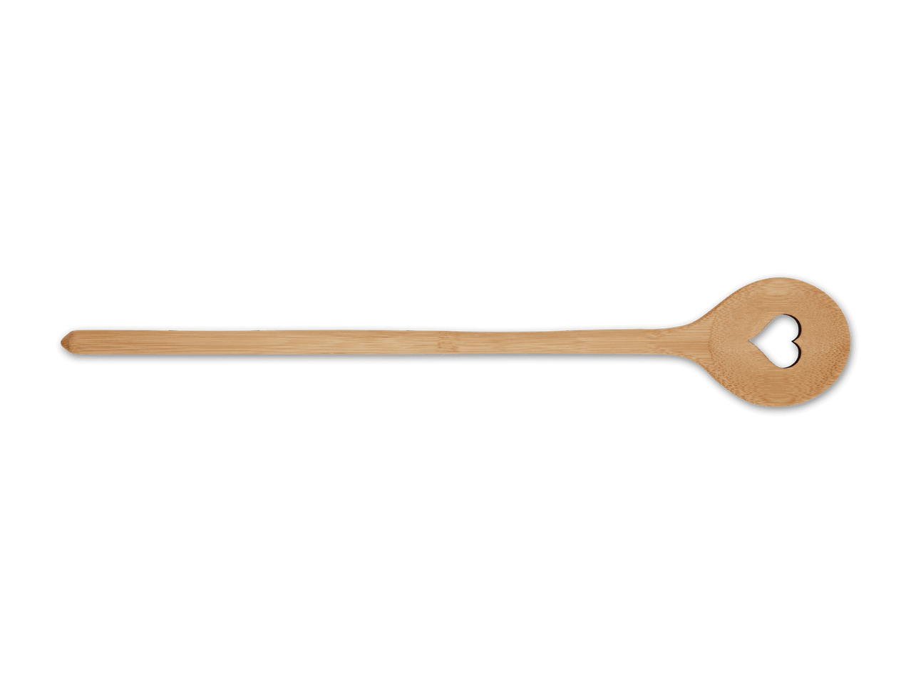 Ein langer Holzlöffel aus Bambus mit einem herzförmigen Ausschnitt.