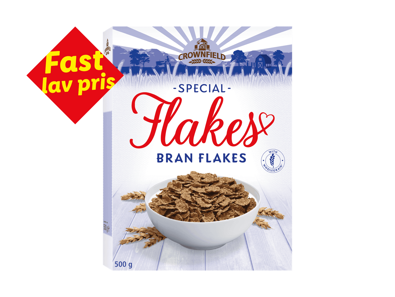 Pakke med Special Bran Flakes med en skål fuld af morgenmadsprodukt og et rødt skilt med teksten 'Fast lav pris'.