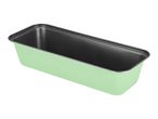 Light green loaf pan with a dark non-stick interior, angled view.