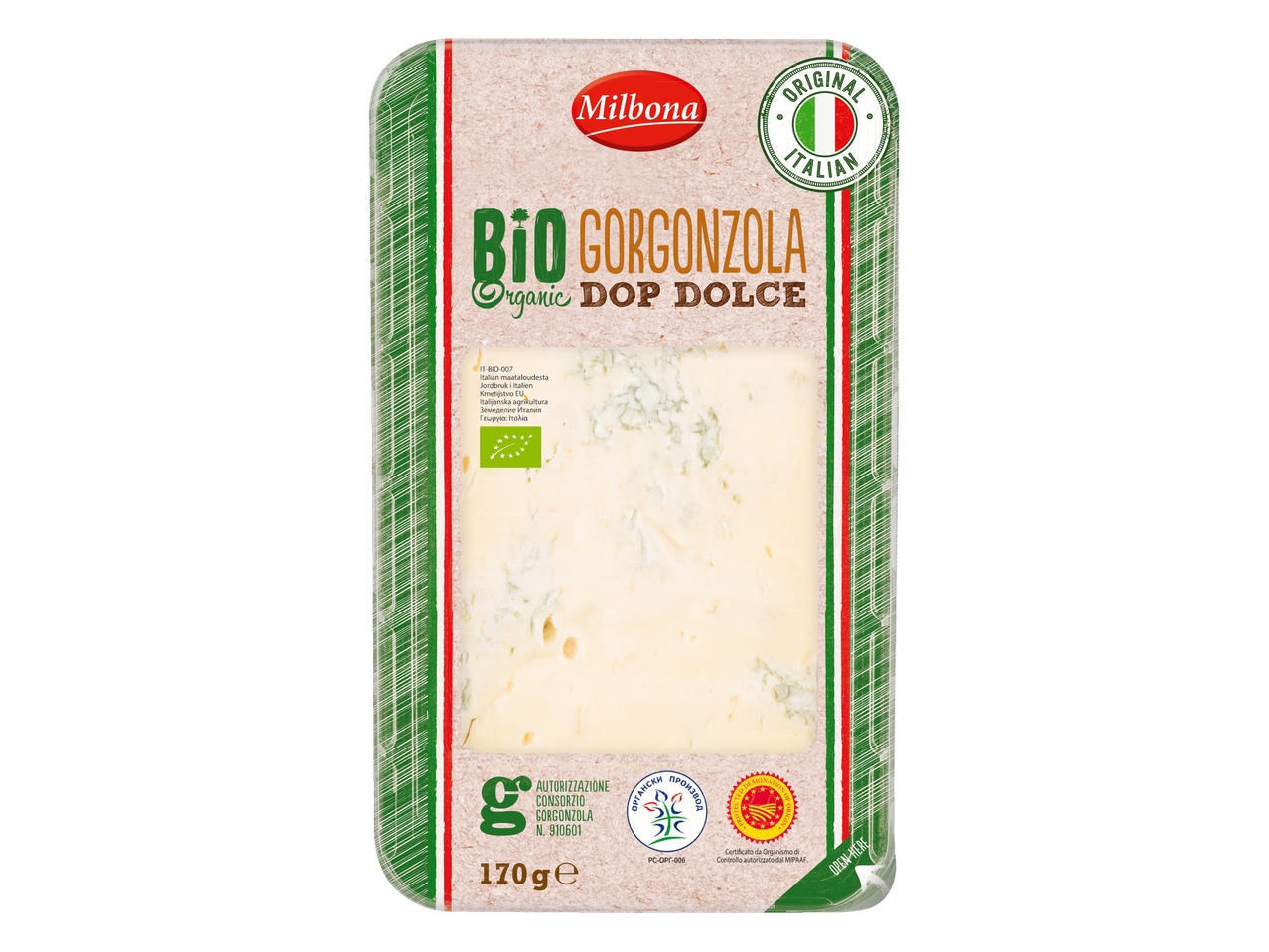 Milbona Bio Gorgonzola DOP Dolce kaas in verpakking