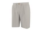 Light grey men's shorts with an elastic waistband and drawstring, featuring a single button closure.
