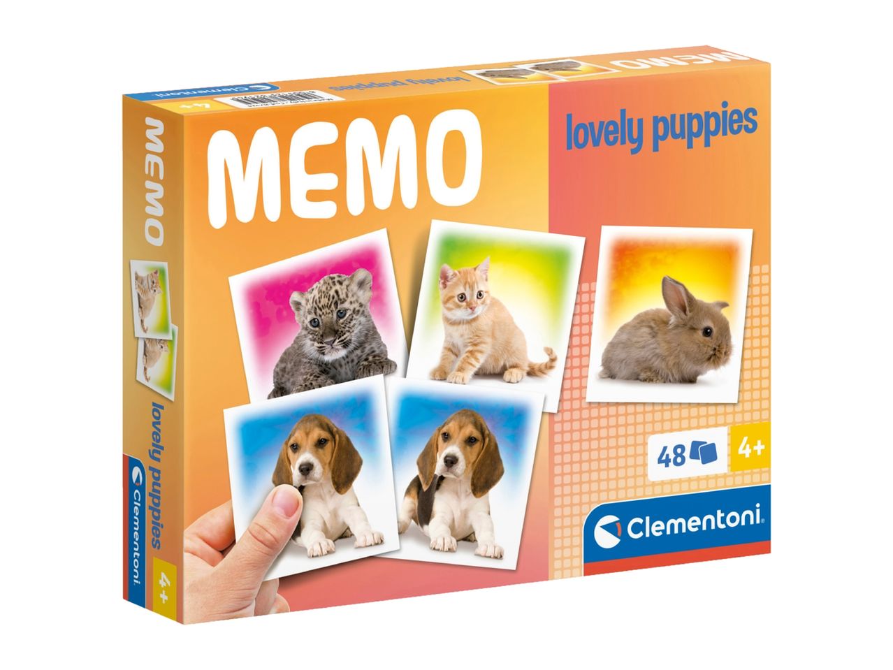 Memory game box featuring cute animal babies like a leopard cub, kitten, rabbit, and beagle puppies.