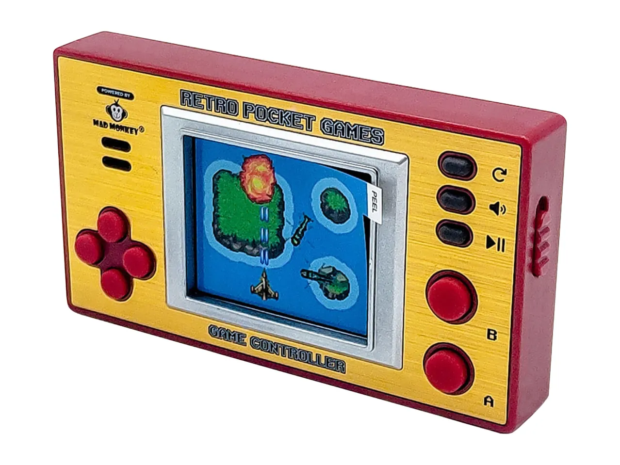 Retro pocket game console with a red and gold design, displaying an airplane shooting game.
