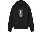Black hoodie with a Wednesday Addams graphic and text 