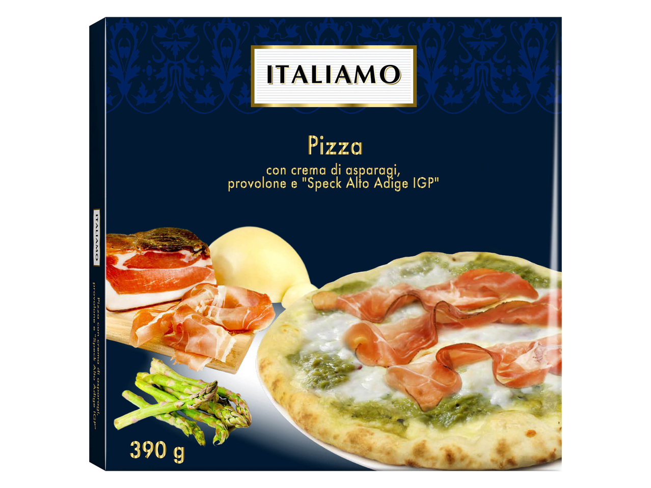 Pizza surgelata Italiamo con crema di asparagi, provolone e speck Alto Adige IGP