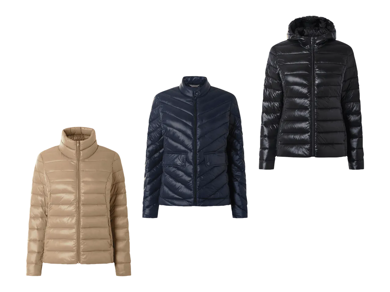 Kolme eriväristä tikattua takkia: beige, tummansininen ja musta hupullinen.
