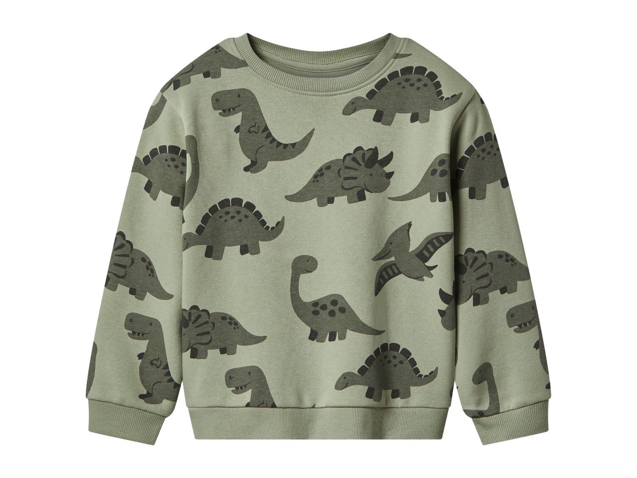 Green children's sweatshirt with a playful dinosaur pattern.
