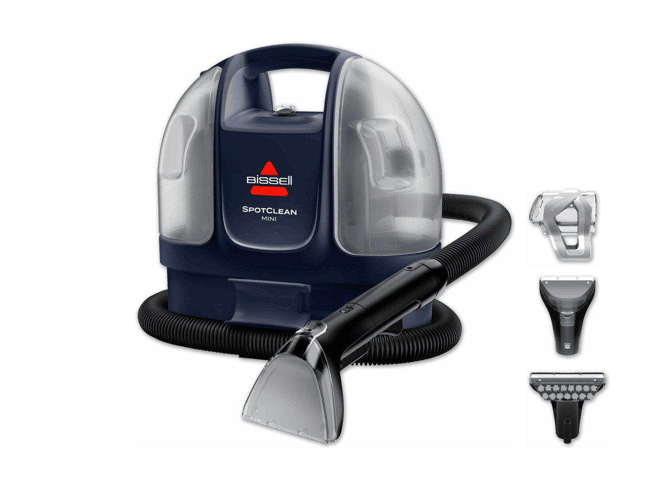 Blauer tragbarer Fleckenreiniger mit Schlauch und drei verschiedenen Aufsätzen.