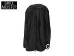 Black grill cover with wheels and a drawstring hem