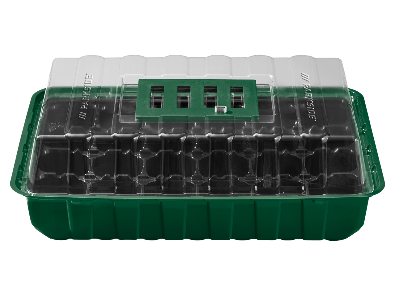 Parkside® auginimo rinkinys su permatomu dangčiu ir žaliu pagrindu.