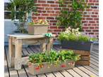 Floreiras quadradas Parkside® Blumenkasten com alface, morangos e flores num terraço de madeira.