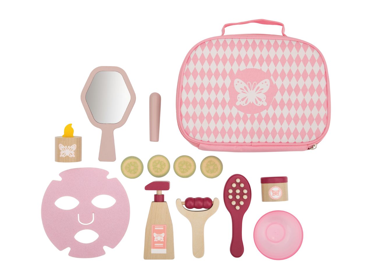 Pink and white spa play set with a carrying case, mirror, face mask, and various wooden beauty tools.