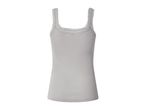 Light grey ribbed women's camisole with lace trim on the neckline and straps.