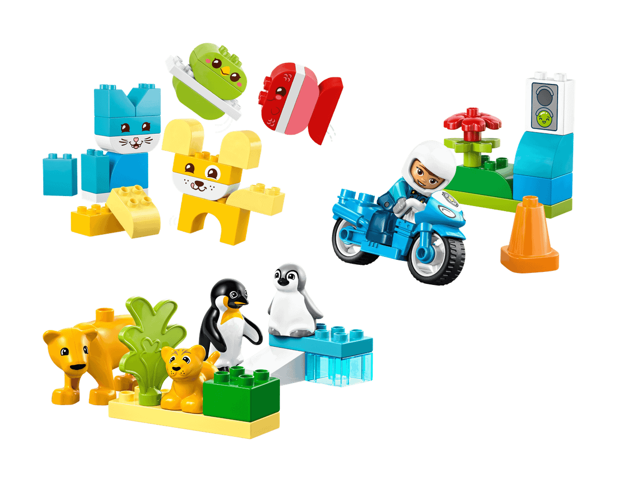 Ensemble de construction avec animaux, véhicules et feu de signalisation.