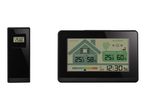 Digital indoor/outdoor thermometer and hygrometer with a remote sensor, displaying temperature and humidity.