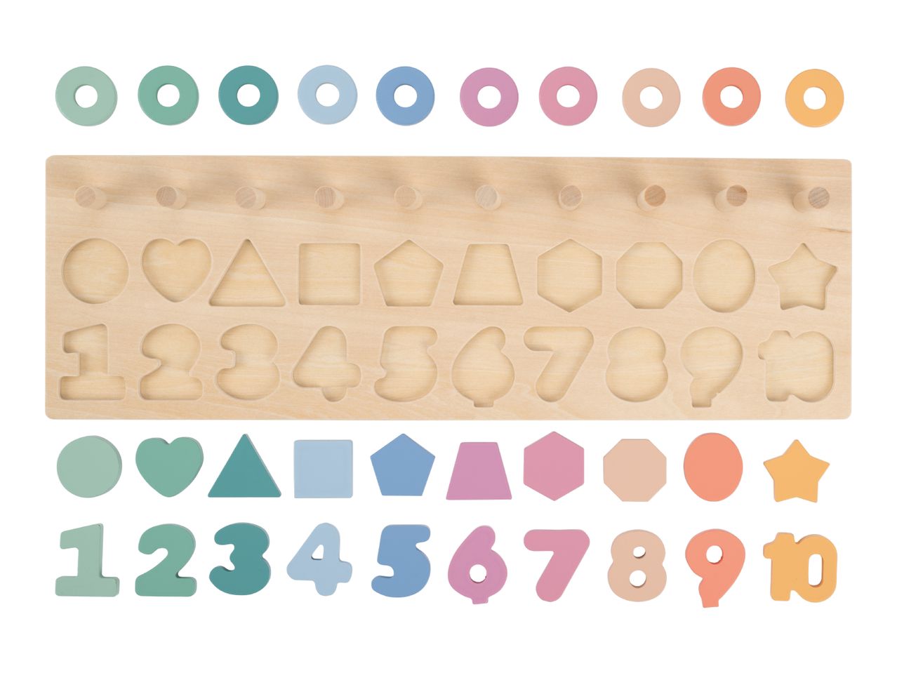 Wooden educational toy with colorful rings, geometric shapes, and numbers 1-10.