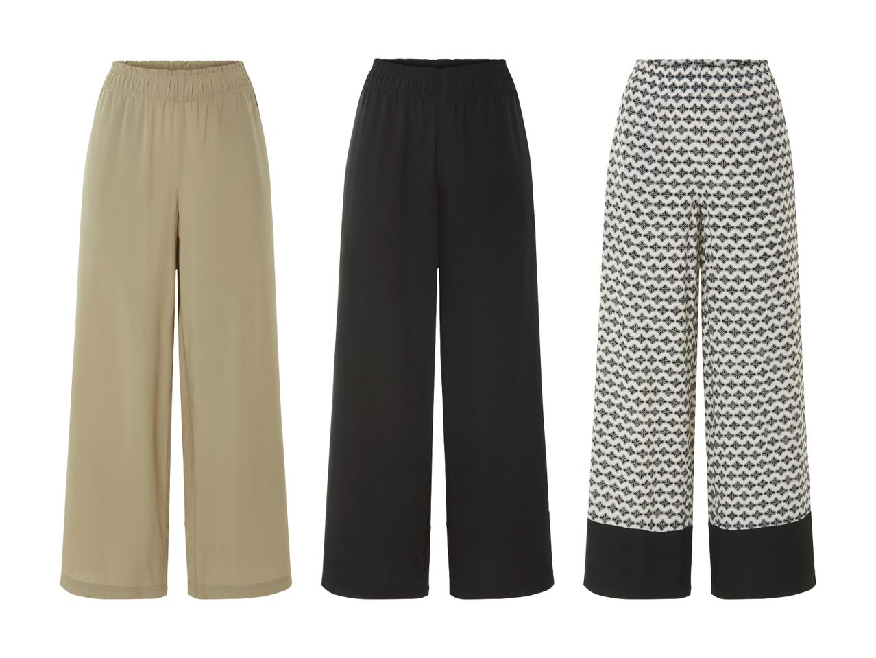 Drei weite Hosen: beige, schwarz und schwarz-weiß gemustert.