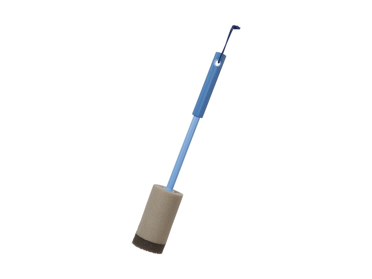 En langskaftet rengøringsbørste med en beige skrubbedel.