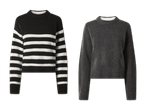 Zwei Pullover: ein schwarz-weiß gestreifter und ein grauer Pullover.