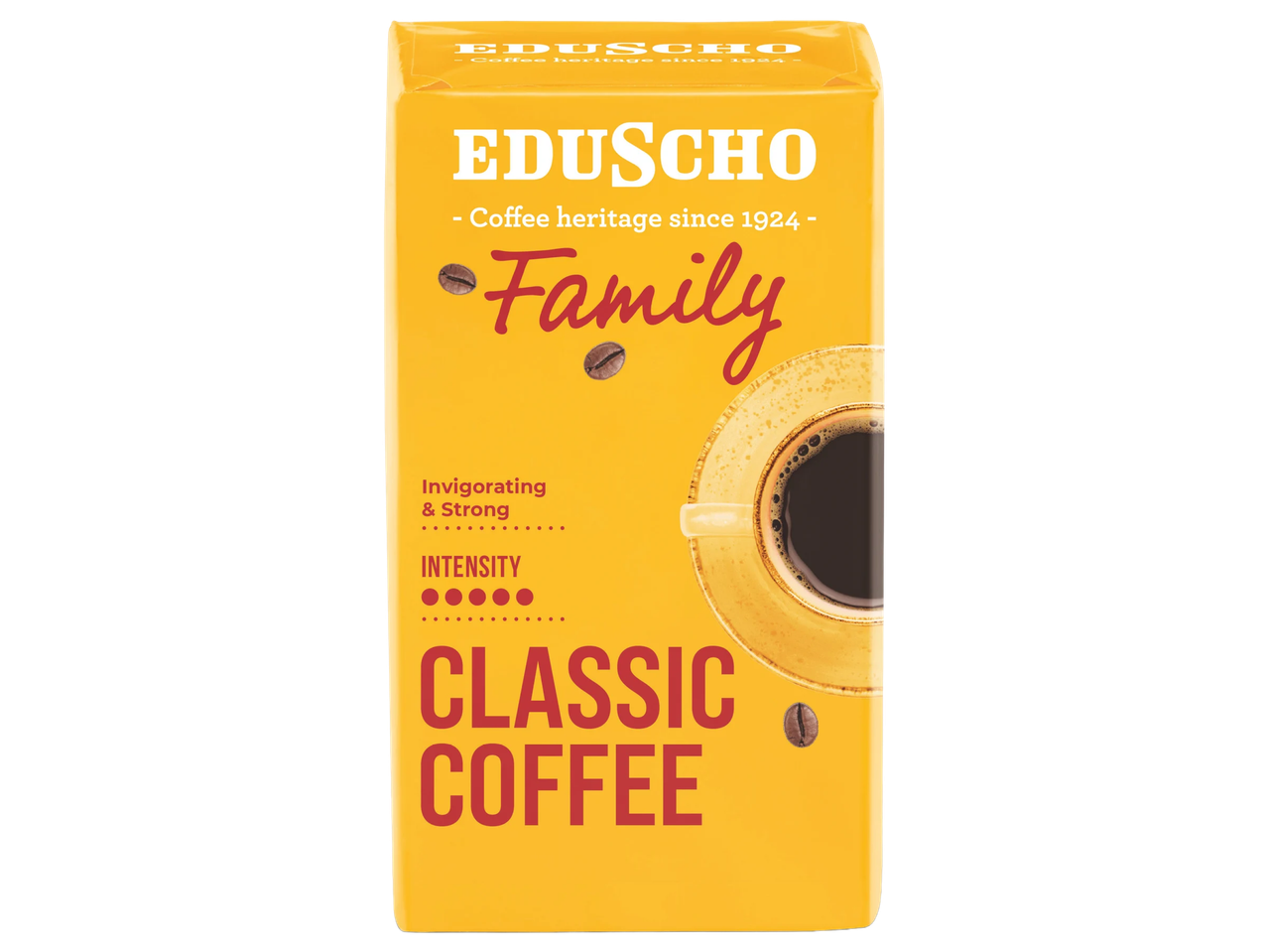 Жълта опаковка кафе с надпис „Family Classic Coffee“, показваща чаша кафе и зърна.