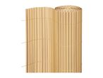Rolled-up bamboo fence or privacy screen, light brown, tied with string.