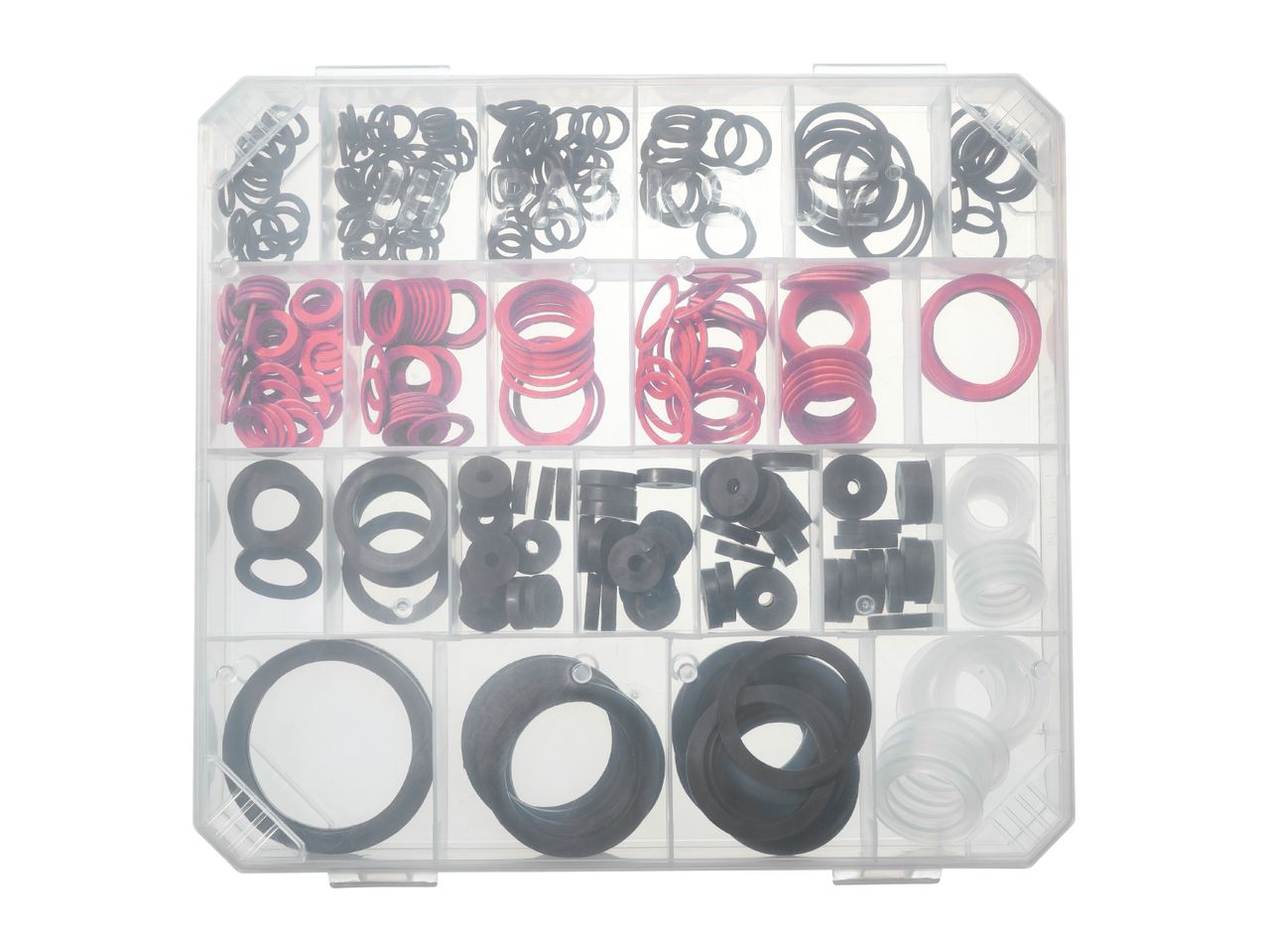 Assortment box with various black, red, and clear rubber O-rings and washers.