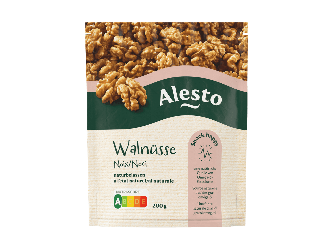 Un sachet de noix, source naturelle d'oméga-3, avec Nutri-Score A.