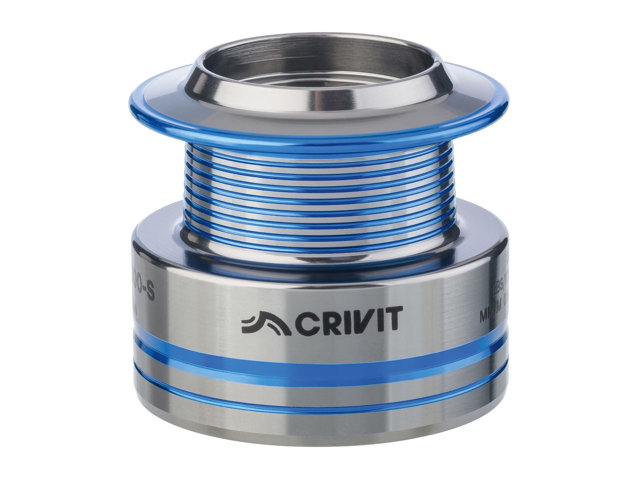 Silver and blue fishing reel spool with horizontal stripes and text on the side.