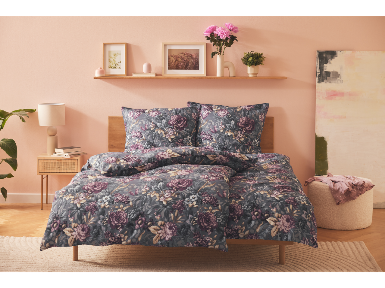 Floral bedding and bedroom accessories.