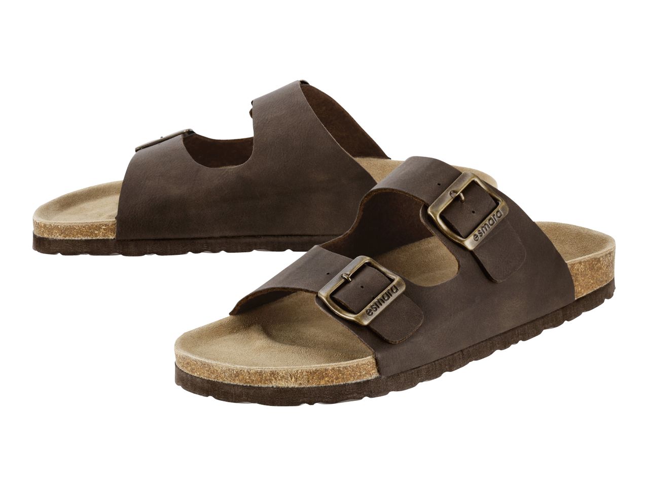 Pair of brown two-strap sandals with cork soles and metal buckles.