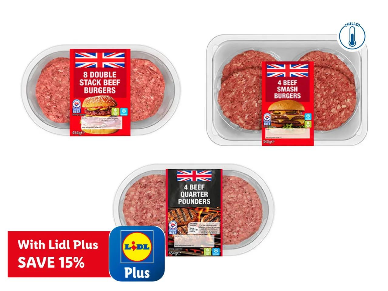 Three packs of chilled beef burgers, including double stack, smash, and quarter pounders, with a 'Save 15% with Plus' offer.