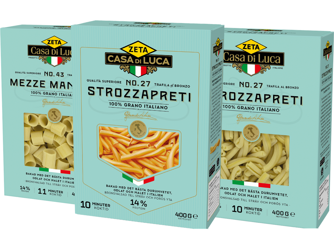Tre förpackningar Zeta Casa di Luca pasta: Mezze Man, Strozzapreti och Rozzapreti.