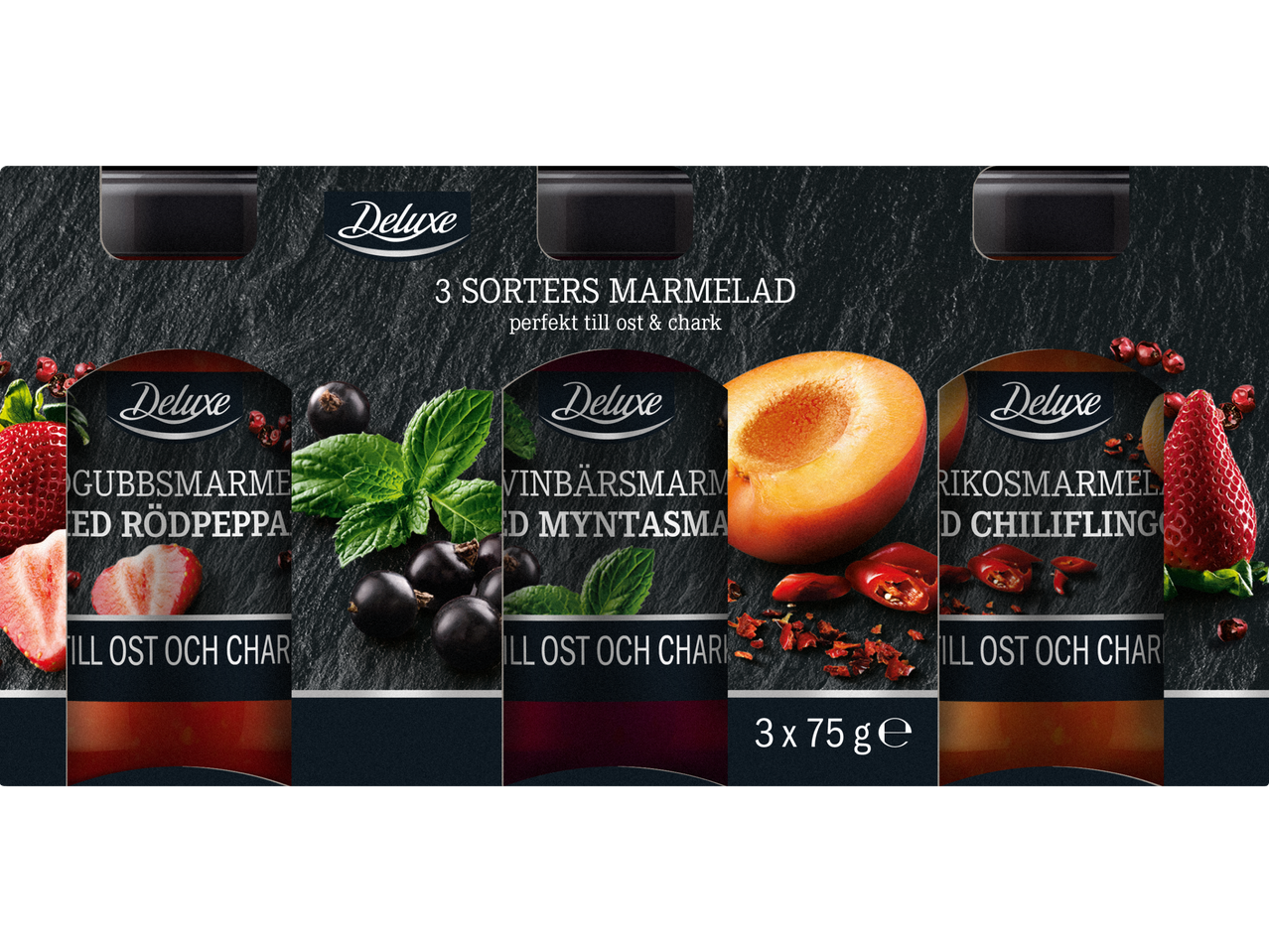 Deluxe marmelader i smakerna jordgubb, svartvinbär, aprikos och chili.