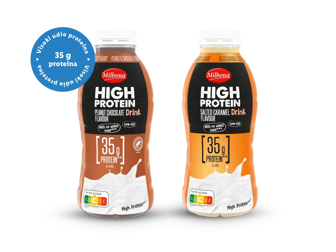 Dvije boce Milbona High Protein napitka, okusa kikiriki čokolade i slane karamele.