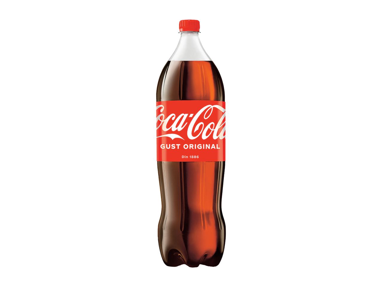 O sticlă mare de băutură carbogazoasă de culoare închisă, cu etichetă roșie și capac roșu.