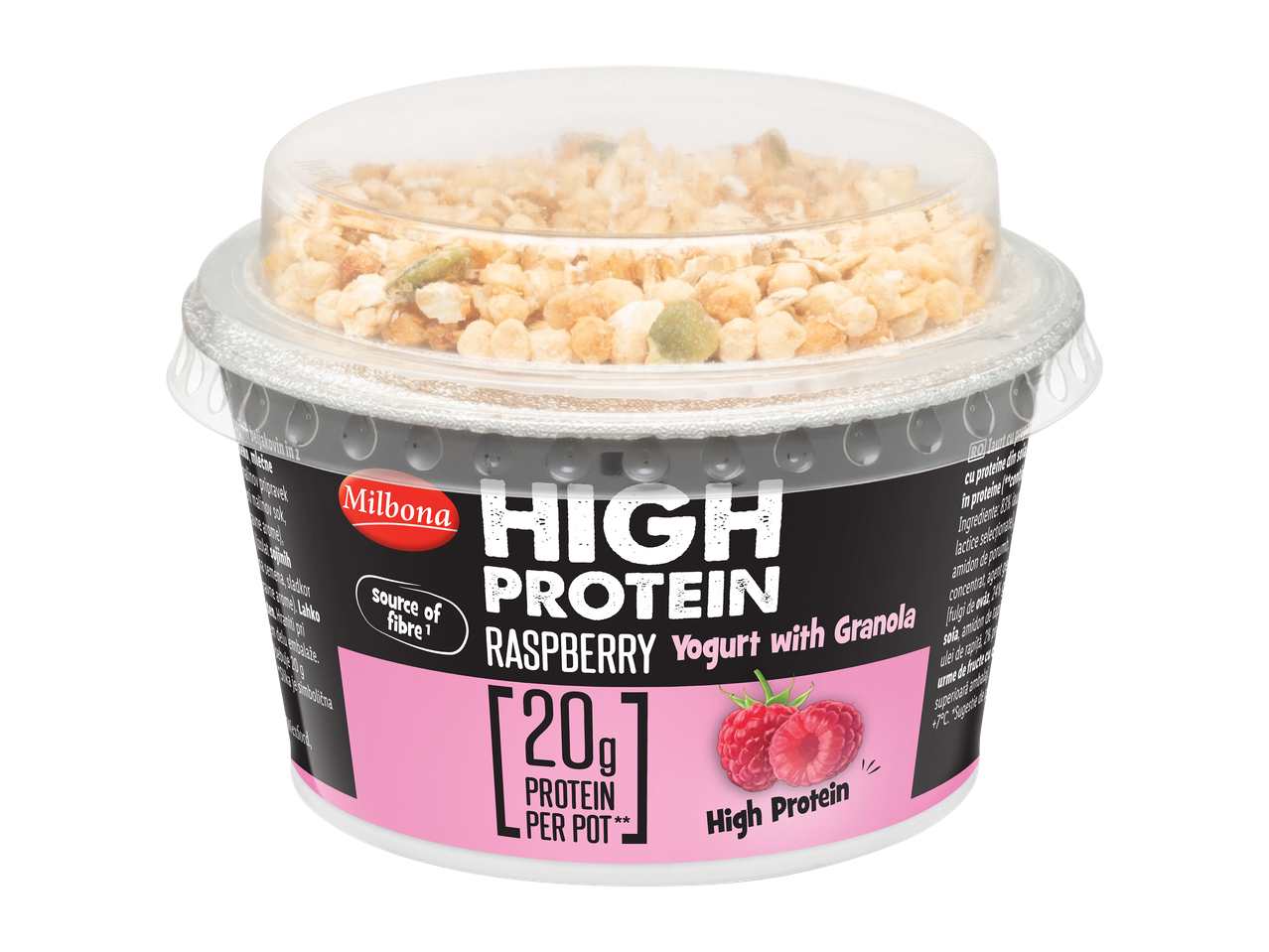 Milbona High Protein iaurt cu zmeură și granola, 20g proteine per pot.