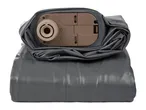 Gray rolled-up inflatable sleeping pad with a brown and beige valve mechanism.
