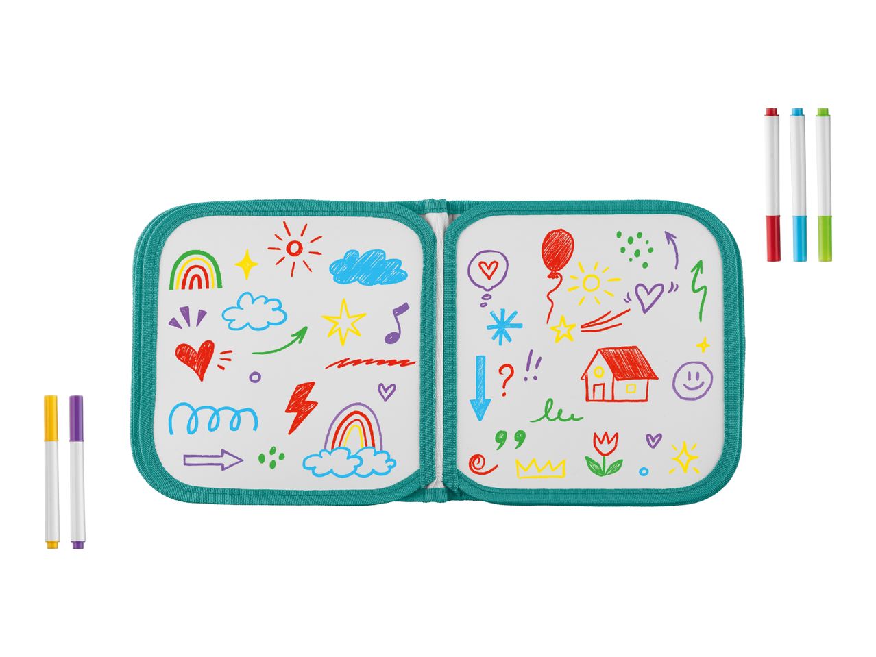 Open drawing board with colorful doodles and several markers.