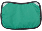 Green dental apron with black edges and rounded corners.