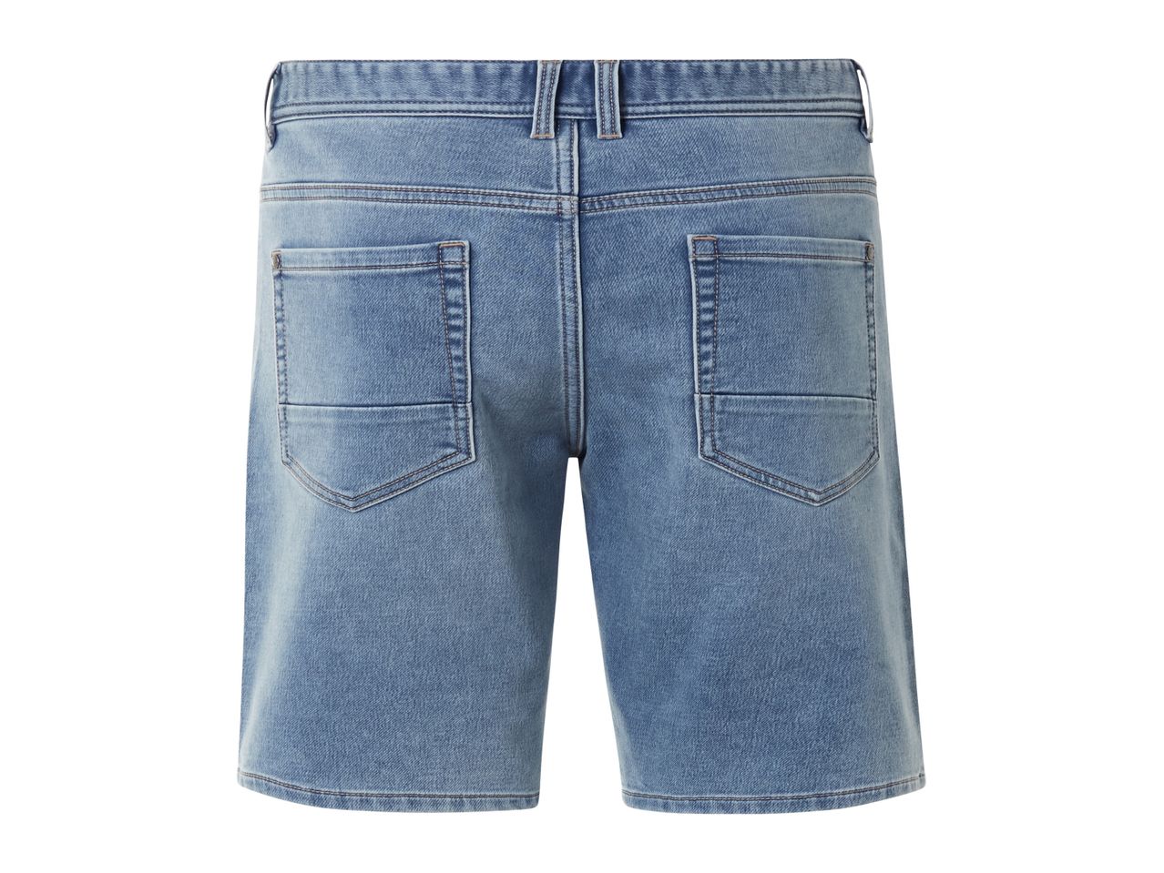Back view of light blue denim shorts.