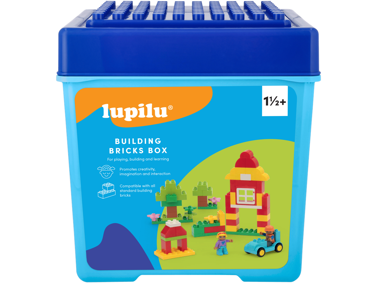 Lupilu statybinių kaladėlių dėžutė 1½+ metų vaikams, su įvairiais kaladėlių kūriniais.